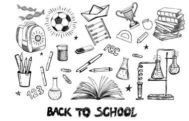 Okula geri dönüş el çizimi seti. Vektör.