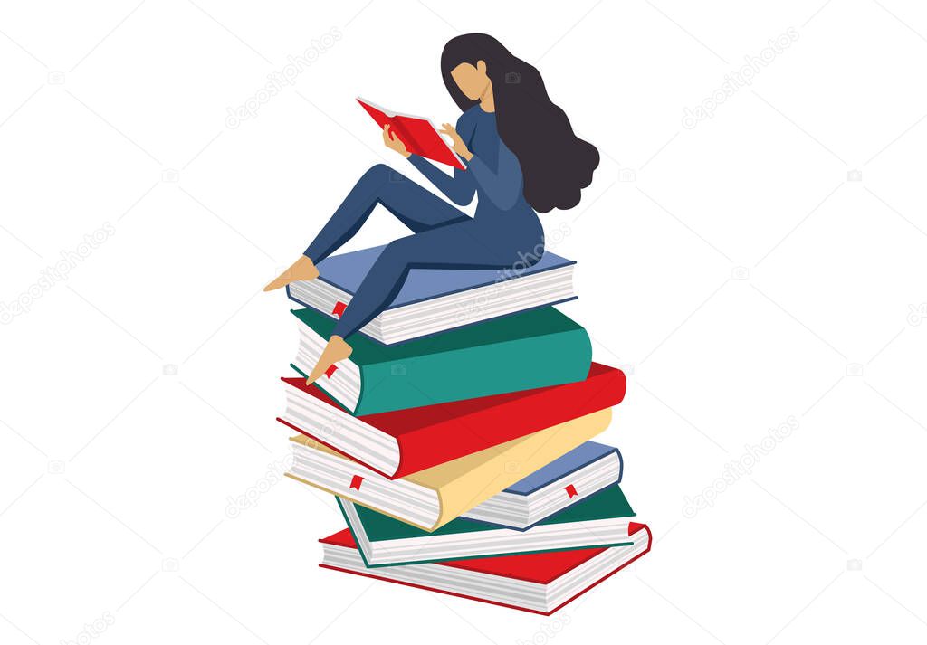 Woman reading book. Flat cartoon vector illustration.