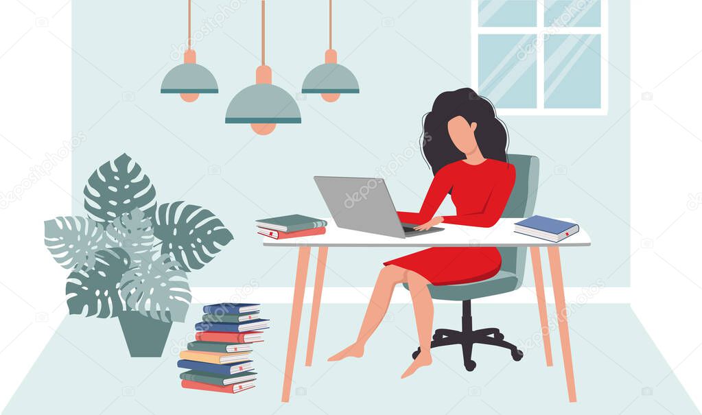 Woman work at home concept. Flat cartoon style vector illustration.