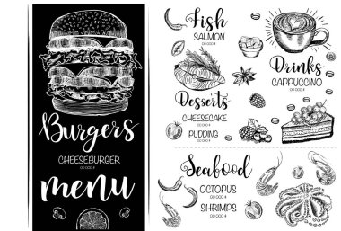 Menü restoran broşürü. El çizimi grafikli el ilanı.