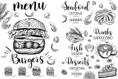 Menü restoran broşürü. El çizimi grafikli el ilanı.