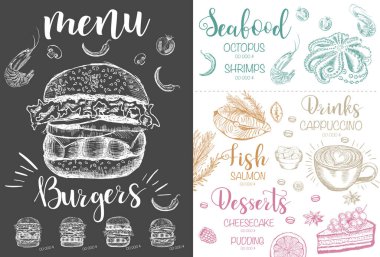 Menü restoran broşürü. El çizimi grafikli el ilanı.