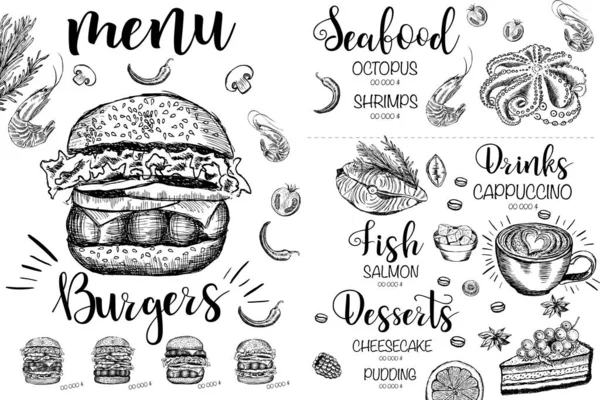 Menü restoran broşürü. El çizimi grafikli el ilanı.