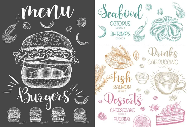 Menü restoran broşürü. El çizimi grafikli el ilanı.