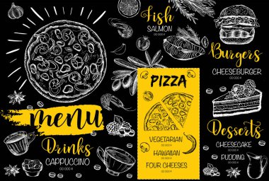 Menü restoran broşürü. El çizimi grafikli el ilanı.