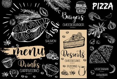 Menü restoran broşürü. El çizimi grafikli el ilanı.