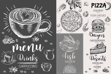 Menü restoran broşürü. El çizimi grafikli el ilanı.