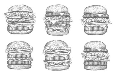 Hamburgerler beyaz arka planda. Vektör el çizimleri.