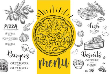 Menü restoran broşürü. El çizimi grafikli el ilanı.