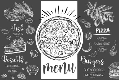 Menü restoran broşürü. El çizimi grafikli el ilanı.