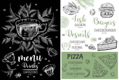 Menü restoran broşürü. El çizimi grafikli el ilanı.