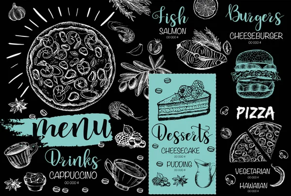 Opuscolo Ristorante Menu Volantino Con Grafica Disegnata Mano — Vettoriale Stock