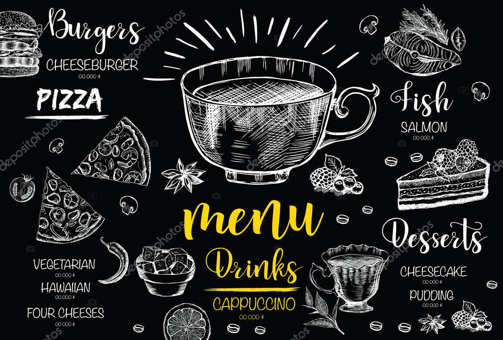 Menu restaurant brochure. Flyer with hand-drawn graphic.