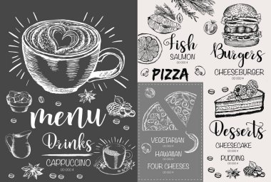 Restoran kafe menüsü, şablon tasarımı. Yemek broşürü..