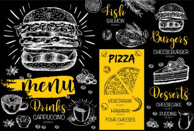 Restoran kafe menüsü, şablon tasarımı. Yemek broşürü..