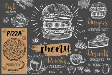 Restoran kafe menüsü, şablon tasarımı. Yemek broşürü..