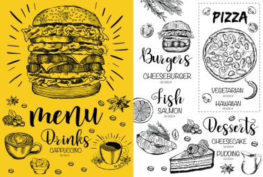 Restoran kafe menüsü, şablon tasarımı. Yemek broşürü..