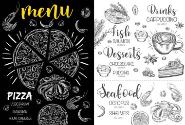 Menü restoran broşürü. El çizimi grafikli el ilanı.