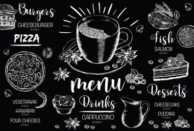 Menü restoran broşürü. El çizimi grafikli el ilanı.