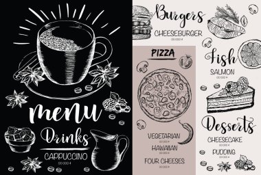 Menü restoran broşürü. El çizimi grafikli el ilanı.