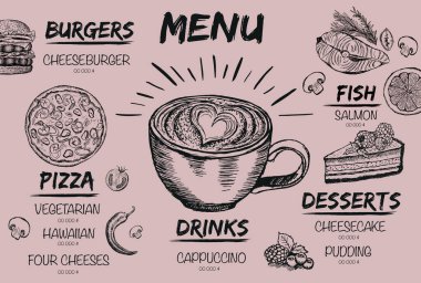 Menü restoran broşürü. El çizimi grafikli el ilanı.