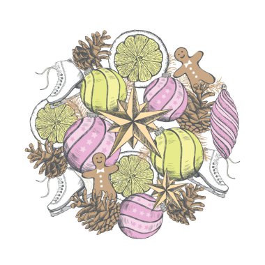 Mutlu Noeller ve yeni yıl seti. El çizimi çizimi. Noel çöreği koleksiyonu.