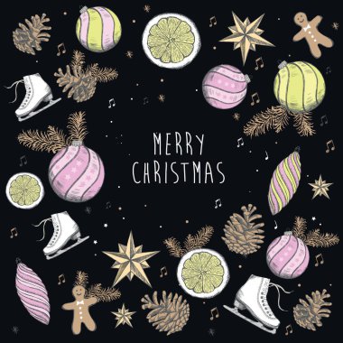 Mutlu Noeller ve yeni yıl seti. El çizimi çizimi. Noel çöreği koleksiyonu.