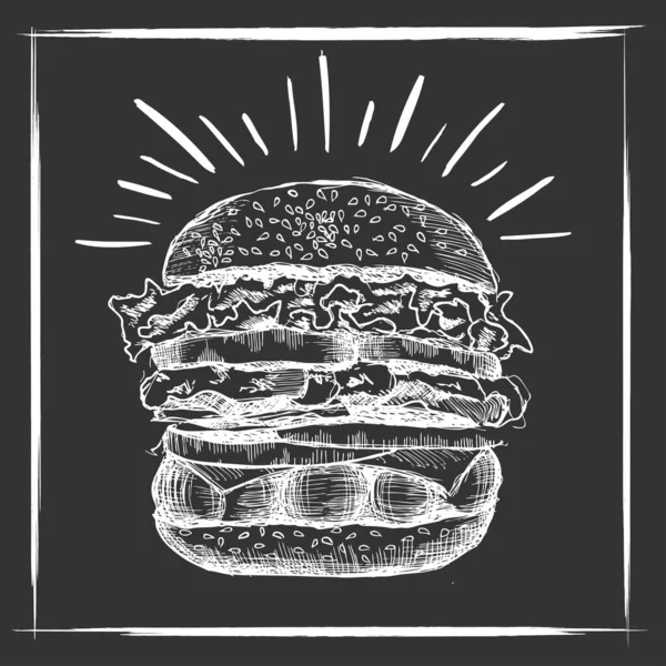 Vector Negro Mano Dibujado Hamburguesa Sobre Fondo Blanco — Vector de stock