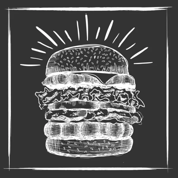 Hamburger Disegnato Mano Vettoriale Nero Sfondo Bianco — Vettoriale Stock