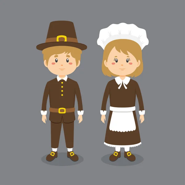 Couple Character Wearing Thanksgiving Outfit — Stock Vector