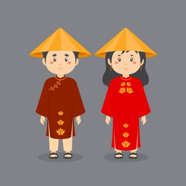 Vietnam Ulusal Elbisesi Giyen Çift Karakteri