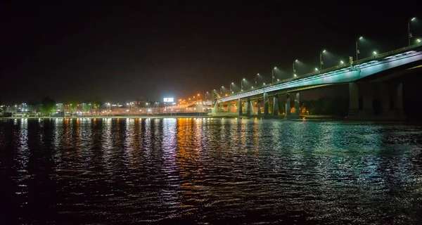 Nacht Uitzicht Verlichte Brug Boven Rivier Don Rostov Aan Don — Stockfoto