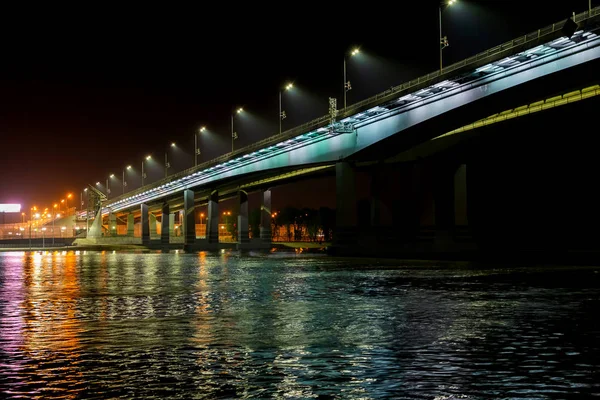 Nacht Uitzicht Verlichte Brug Boven Rivier Don Rostov Aan Don — Stockfoto