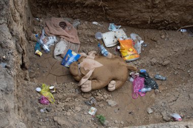Rostov-on-Don, Rusya-18 Mayıs 2018: oyuncak köpek çöp ile çukur terk edilmiş. Evsiz kavramı