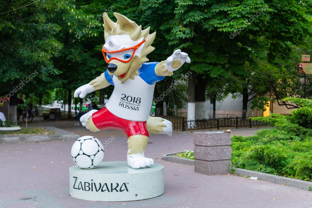 Rostov-on-Don, Russia - June 25, 2018: The official mascot of the 2018 FIFA World Cup and the FIFA Confederations Cup 2017. Wolf Zabivaka at Gorky park in Rostov-on-Don