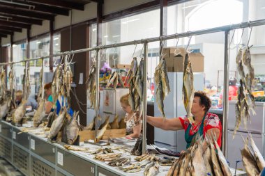 Rostov on Don, Russia - June 28, 2018: Dried salted fish on central market. FIFA World Cup 2018 Host City Rostov-on-Don place, Sights of the city of Rostov-on-Don, central city market clipart