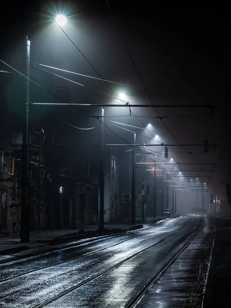 Street Lights Foggy Misty Night Tram Route City Street — Stock Photo, Image