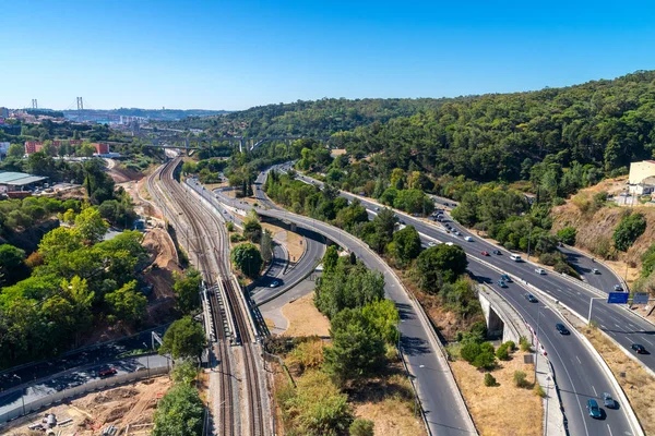 Panoramatický Výhled Lisabon Cestování Portugalsko Silnice Mosty Velkém Evropském Městě — Stock fotografie