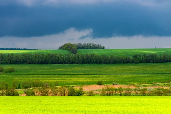 Bela paisagem, campo verde e amarelo. Céu dramático com nuvens . — Fotografia de Stock