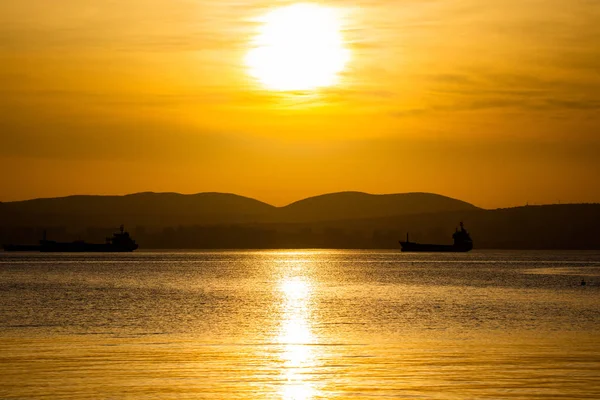 Altın gün batımı, şehrin silueti ve kargo gemisi. Deniz kenarındaki güzel mimari Gün batımının arka planında — Stok fotoğraf