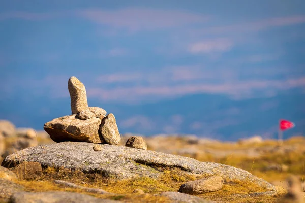Zen balanced stones stack in high mountains. Scenic mountain view.