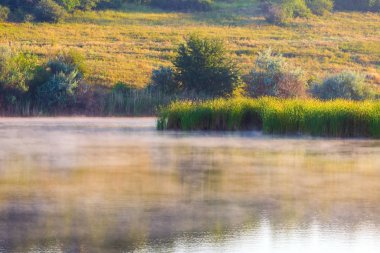 Göl veya göl üzerinde puslu bir sabah manzarası