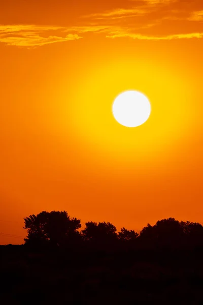 Bright sun in an orange sky with clouds at sunset — Stock Photo, Image