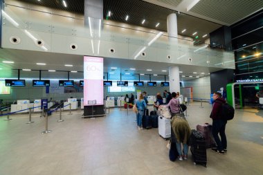 Uluslararası havaalanı Platov, check-in veya kayıt masaları. Rusya, Rostov-on-Don, 17 Eylül 2019