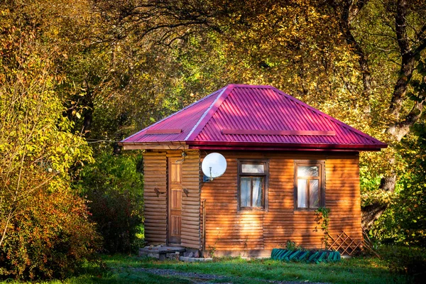 Apartamento de vacaciones casa de madera en el bosque a principios de otoño — Foto de Stock