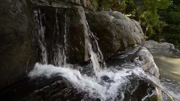 Wild Mountain River Nahaufnahme Reichlich klarer Strom. Statische Aufnahme des Babbling Creek mit fließenden Steinbrocken. — Stockvideo