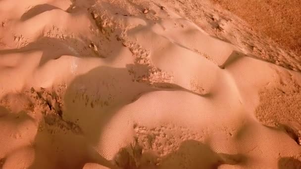 日没時の砂丘のベージュ色の黄金の波のパターンの空中ビュー 4Kドローンが砂漠の自然を撮影し 気候変動の概念を明らかにした 世界の気温上昇を示す乾燥した暑さ — ストック動画