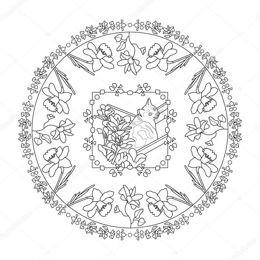 Cat mandala coloring page. Cute cat in the deckchair. With pretty flowers. illustration vector