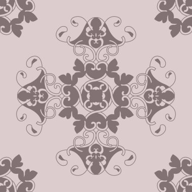 Kalpli, birbirine karışmış spiralli ve kuşlu kusursuz desen. Romantik. Renkler pembemsi kahverengi koyu ve pembemsi kahverengi. Vektör.