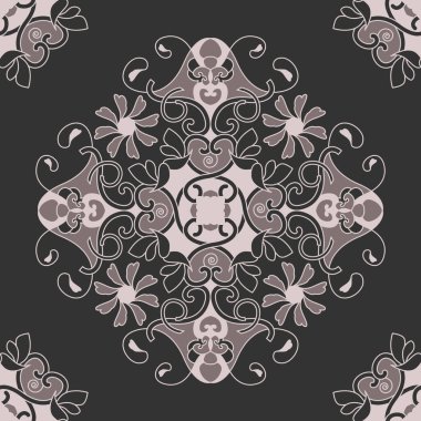 Kalpli, birbirine karışmış spiralli ve kuşlu kusursuz desen. Romantik. Renkler pembemsi kahverengi koyu ve pembemsi kahverengi açık, koyu gri. Vektör.